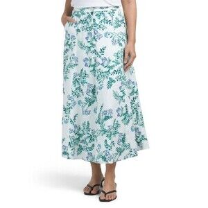 Elie Tahari women Long Linen Midi Maxi Swing Skirt size 8 White Blue Floral $295